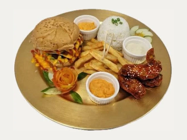 Combo #1 with Basco Burger, cheesy fries, wings and rice