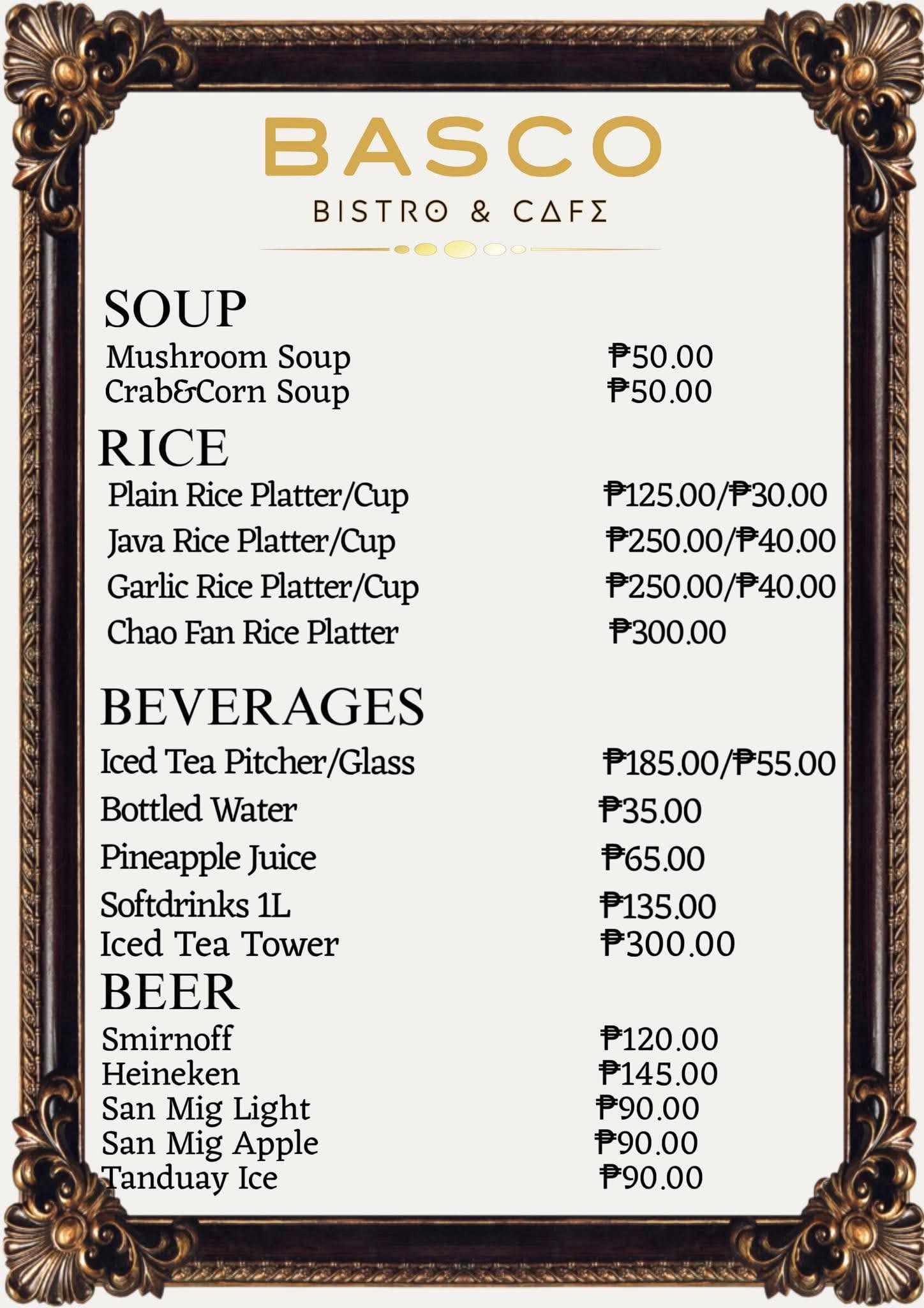 BASCO’s printed Beverages menu